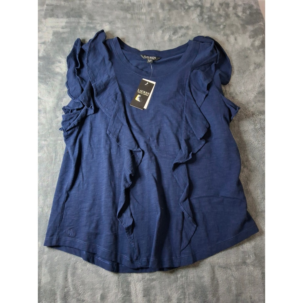 Lauren Ralph Lauren Navy Blue Ruffle Trim Sleeveless Knit Top XL NWT